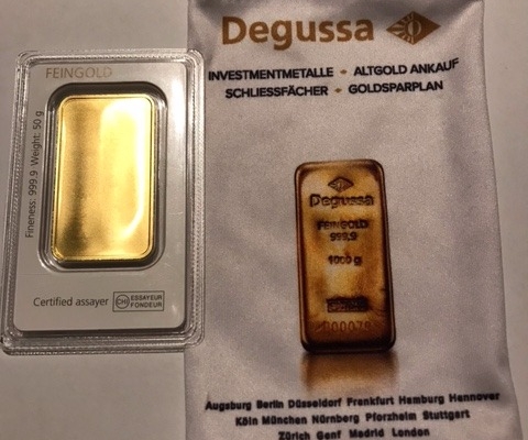 Sprzedam sztabkę złota 50 g próba 999 . DEGUSSA FEINGOLD orginalne opakowanie .