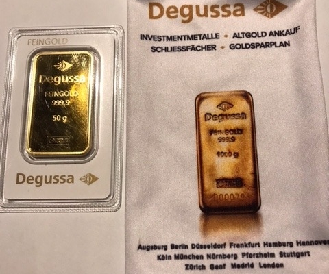 Sprzedam sztabkę złota 50 g próba 999 . DEGUSSA FEINGOLD orginalne opakowanie .